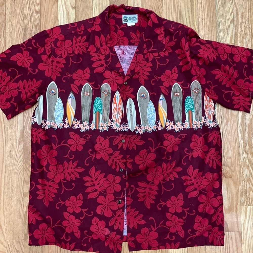 Red Floral‎ Surf Board Tropical Print Button Down Shirt W/ Collar